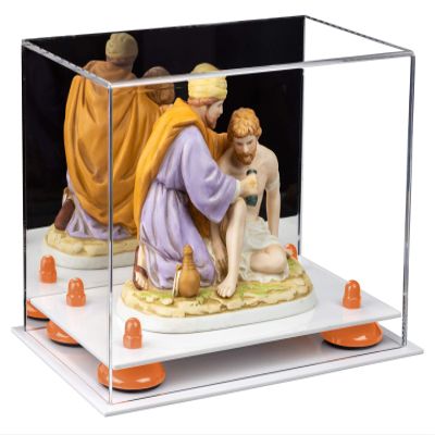 Better Display Cases Versatile Acrylic Display Case - Small Rectangle Box with Mirror, Orange Risers and White Base 9.5" x 6" x 6.5" (A005-OR)