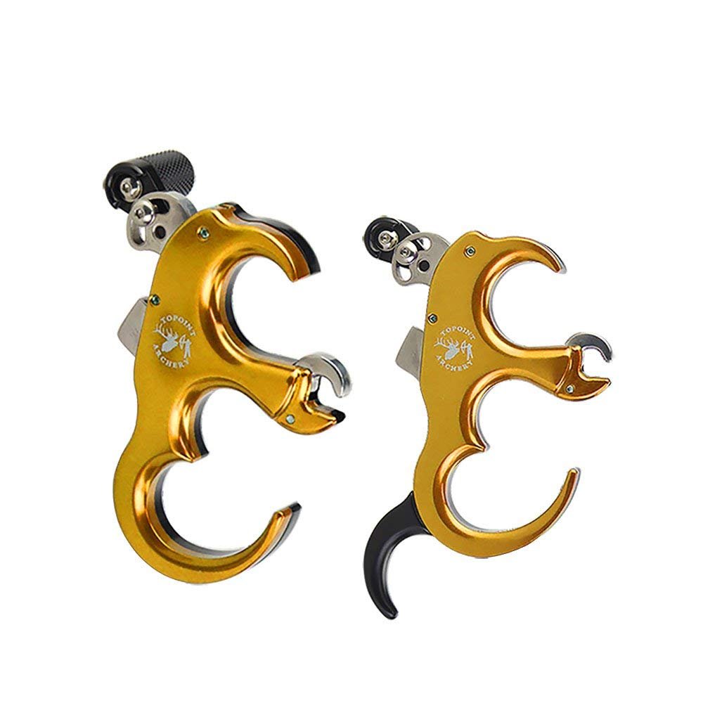 AMEYXGS Archery Bow Release Aid Aluminum Alloy 3 or 4 Fingers Automatic Thumb Trigger Detachable Thumb Grip Left or Right Hand Thumb Caliper Outdoor Hunting Compound Bow Accessories (Gold)