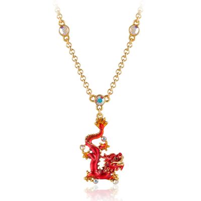 superchic Handmade Red Enamel Chinese Fierce Animal Dragon Pendant Necklace with Austrian Crystals in Gold Plating (Red)