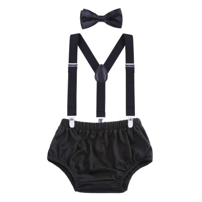 AWAYTR Baby Boys Cake Smash Outfit - First Birthday Party Suspenders Bow Tie Bloomers Set (Black)