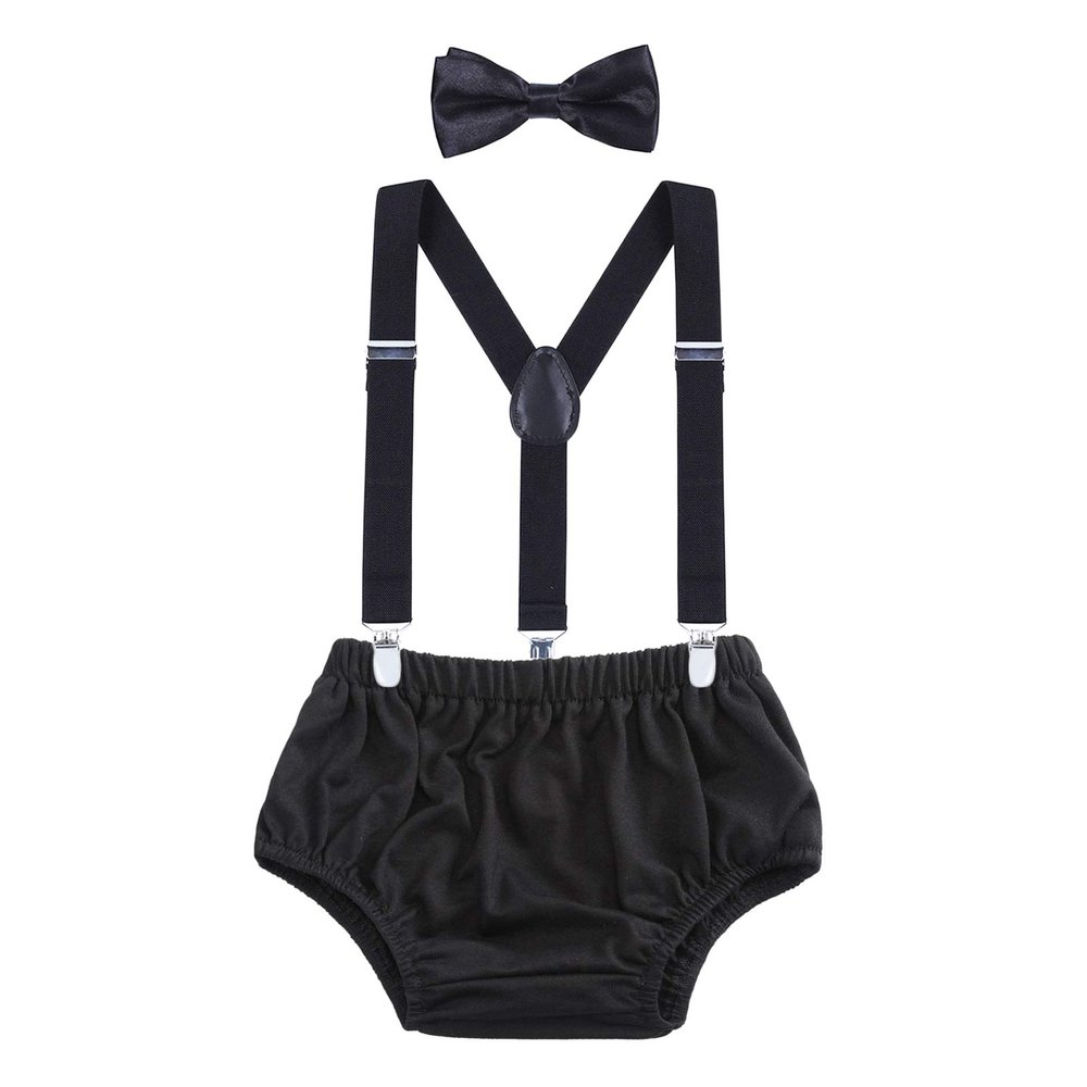 AWAYTR Baby Boys Cake Smash Outfit - First Birthday Party Suspenders Bow Tie Bloomers Set (Black)