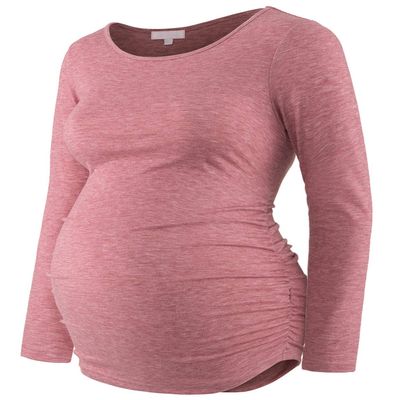 Bhome Maternity Shirt Long Sleeve Basic Top Ruch Sides Bodycon Tshirt for Pregnant Women Rose XXL