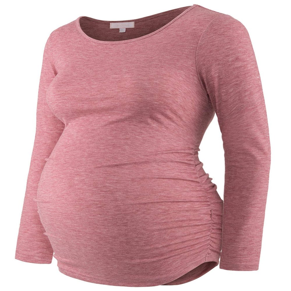 Bhome Maternity Shirt Long Sleeve Basic Top Ruch Sides Bodycon Tshirt for Pregnant Women Rose XXL