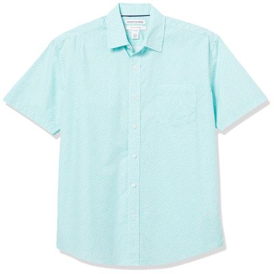Amazon Essentials Men's Regular-Fit Short-Sleeve Poplin Shirt, Aqua Blue Leaf Print, Small