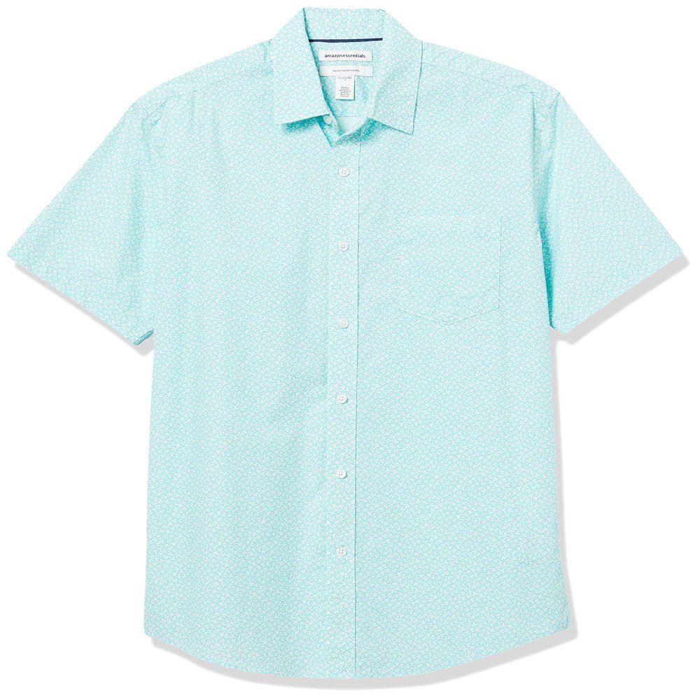 Amazon Essentials Men's Regular-Fit Short-Sleeve Poplin Shirt, Aqua Blue Leaf Print, Small