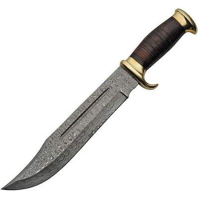 Damascus DM-1204 Leather Full Tang Bowie Fixed Blade Knife + Sheath