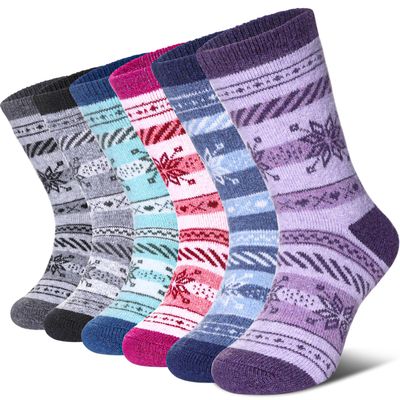 DYW Kids Merino Wool Hiking Socks Toddlers Boys Girls Winter Warm Thick Thermal Soft Cozy Crew Boot Socks 6 Pairs (6 Pairs Snowflake A, 4-7 Years)