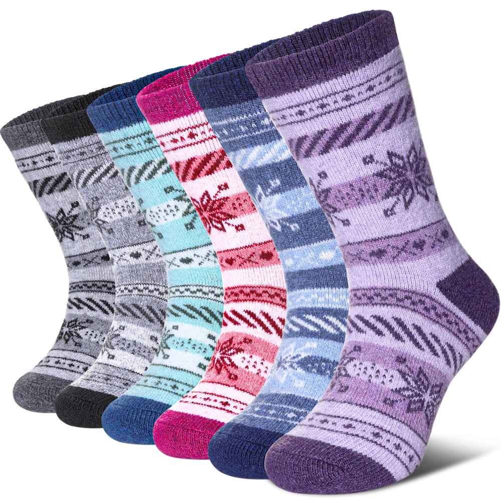 DYW Kids Merino Wool Hiking Socks Toddlers Boys Girls Winter Warm Thick Thermal Soft Cozy Crew Boot Socks 6 Pairs (6 Pairs Snowflake A, 4-7 Years)