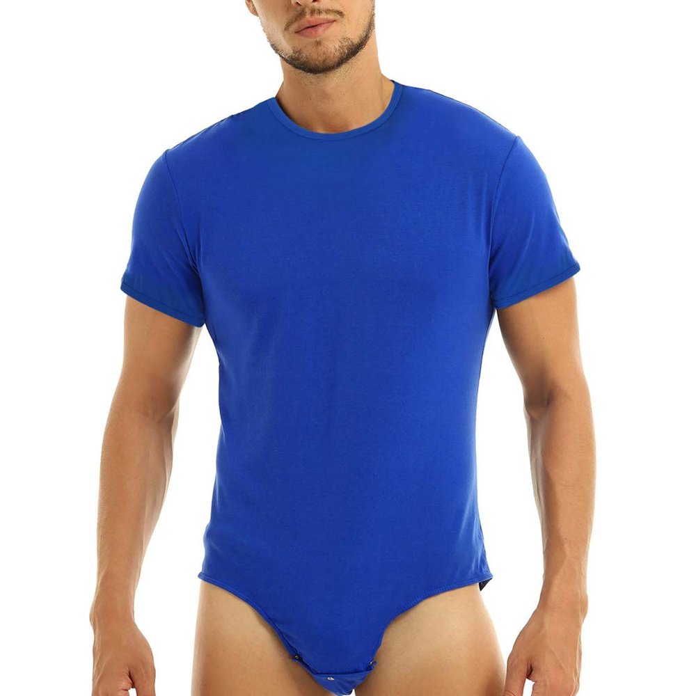 ACSUSS Men's Short Sleeve Undershirt Press Button Crotch Shirt Bodysuit Round Neck Leotard Tops Blue XX-Large