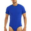 ACSUSS Men's Short Sleeve Undershirt Press Button Crotch Shirt Bodysuit Round Neck Leotard Tops Blue XX-Large view 1