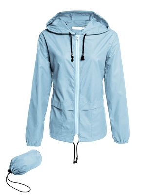 Avoogue Lightweight Raincoat Women's Waterproof Windbreaker Packable Outdoor Hooded Rain Jacket Light Blue XXL