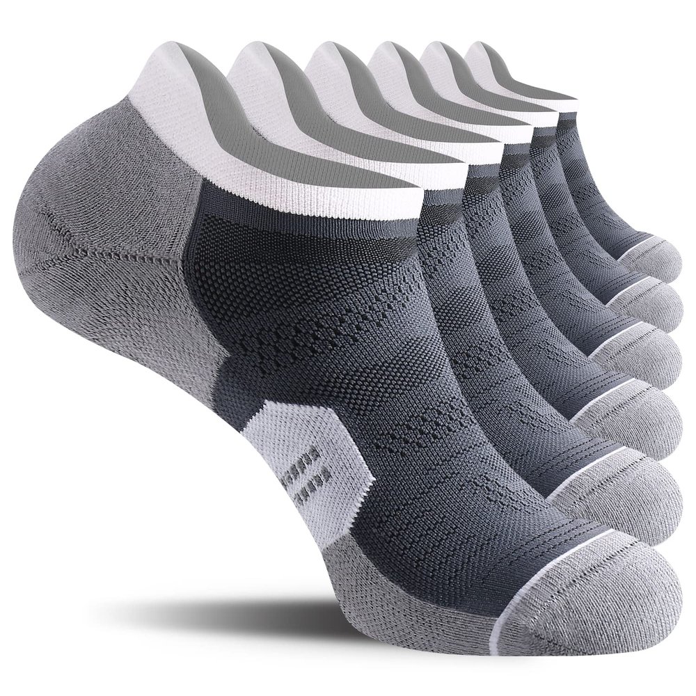 CS CELERSPORT Running Ankle Socks with Cushion, Low Cut Athletic Tab Socks for Men and Women 6 Pack, Grey, Medium