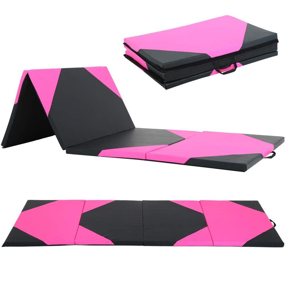 Dkeli Thick Fitness Gymnastics Exercise Mat 4 Folding Tumbling Mat for Kids Anti-Sweat Easy to Clean Indoor/Outdoor Yoga Mat Lightweight Home Gym Mat Carrying Handles4x10x2
