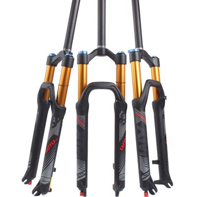 BUCKLOS LUTU 26/27.5/29 Air MTB Suspension Fork, Rebound Adjust Straight Tube 28.6mm QR 9mm Travel 120mm Manual/Crown Lockout Mountain Bike Forks, Ultralight Gas Shock XC Bicycle (Black Gold, 27.5)