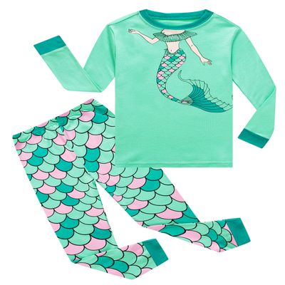 Family Feeling Little Girls Mermaid Long Sleeve Pajamas Sets 100% Cotton Pyjamas Toddler Kids Pjs Size 2T Green
