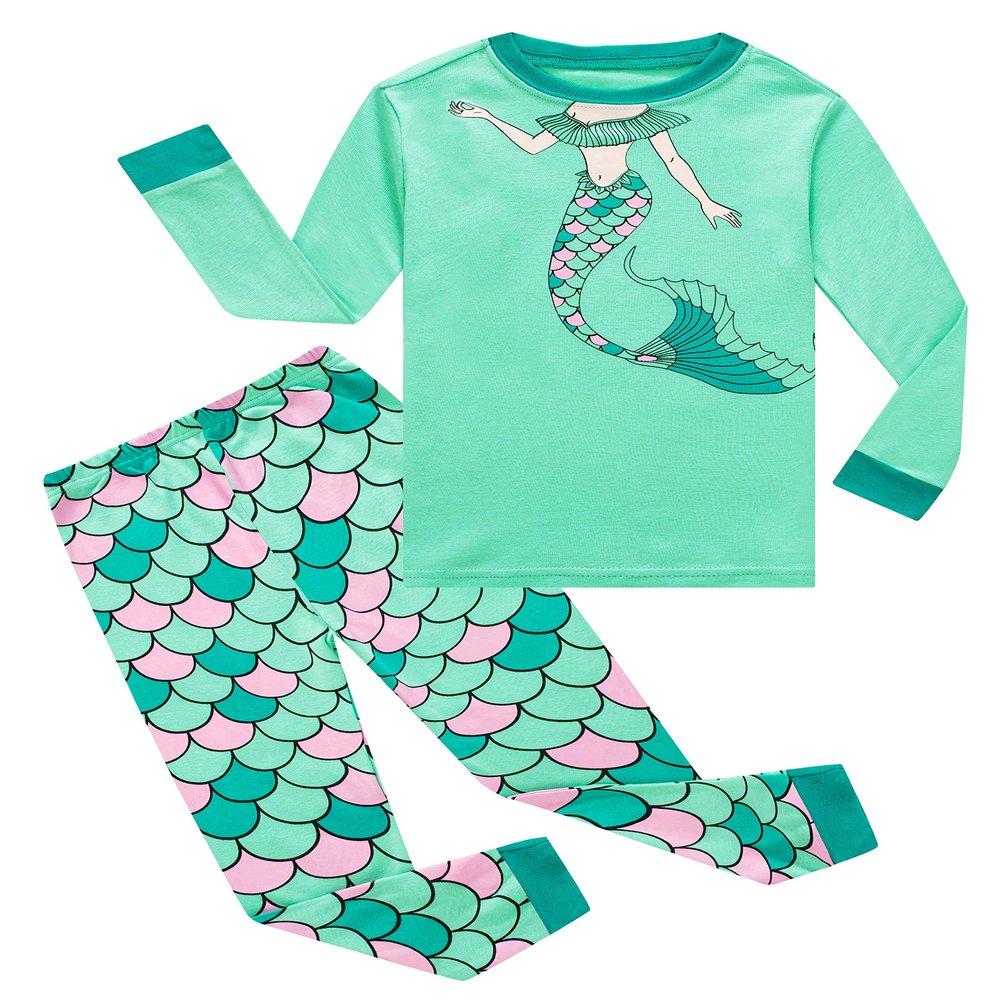 Family Feeling Little Girls Mermaid Long Sleeve Pajamas Sets 100% Cotton Pyjamas Toddler Kids Pjs Size 2T Green