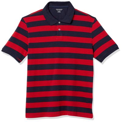 Amazon Essentials Men's Regular-Fit Cotton Pique Polo Shirt (Available in Big & Tall), Navy Red Rugby Stripe, Large