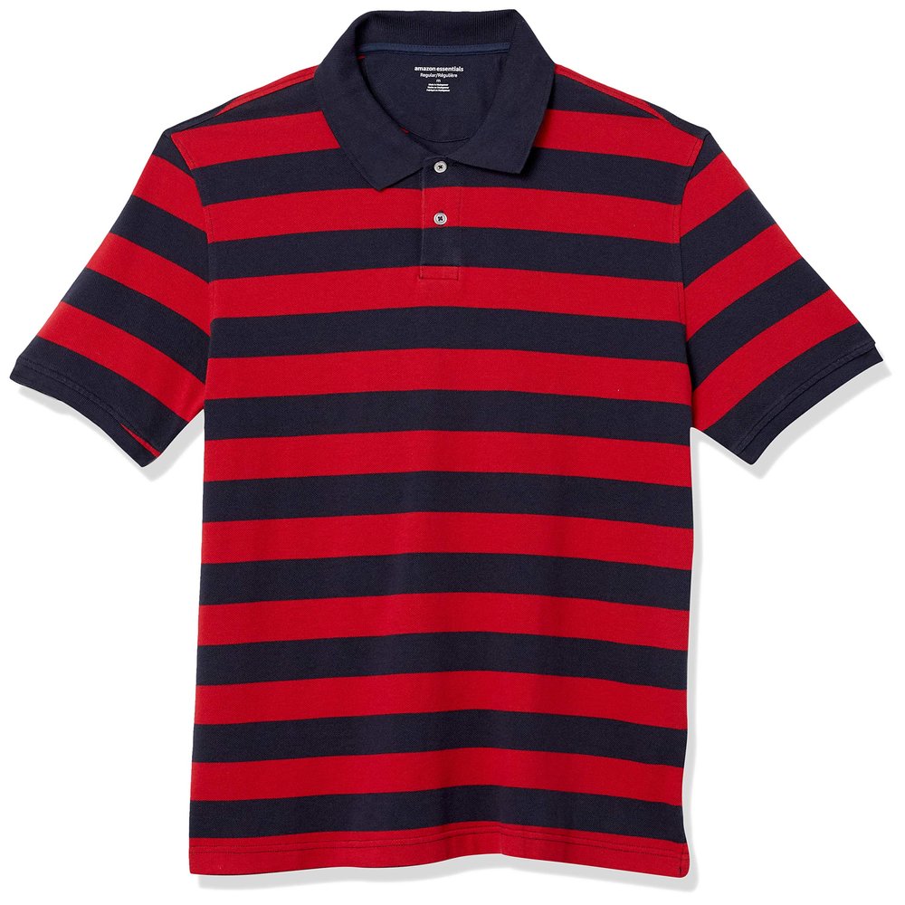 Amazon Essentials Men's Regular-Fit Cotton Pique Polo Shirt (Available in Big & Tall), Navy Red Rugby Stripe, Large