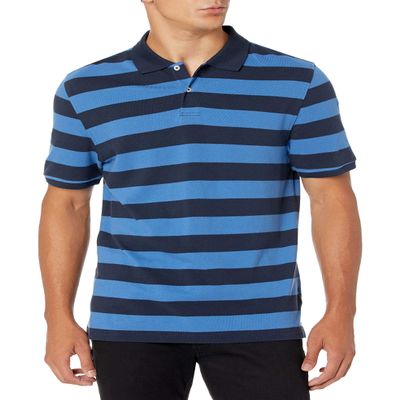 Amazon Essentials Men's Slim-Fit Cotton Pique Polo Shirt, Black Blue Rugby Stripe, Small
