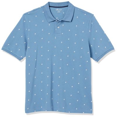 Amazon Essentials Men's Regular-Fit Cotton Pique Polo Shirt (Available in Big & Tall), Blue White Palm Tree Print, Medium