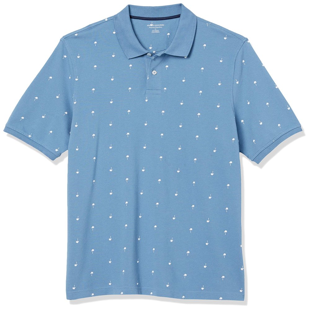 Amazon Essentials Men's Regular-Fit Cotton Pique Polo Shirt (Available in Big & Tall), Blue White Palm Tree Print, Medium