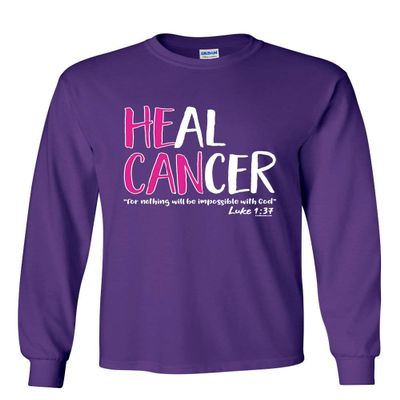 He Can Heal Cancer Luke 1:37 Long Sleeve T-Shirt Breast Cancer Awareness Tee Purple Small