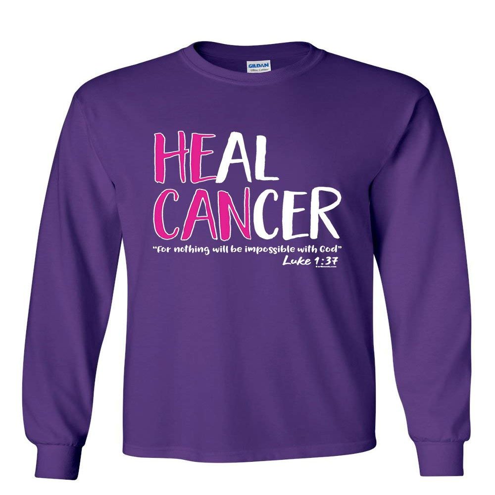He Can Heal Cancer Luke 1:37 Long Sleeve T-Shirt Breast Cancer Awareness Tee Purple Small