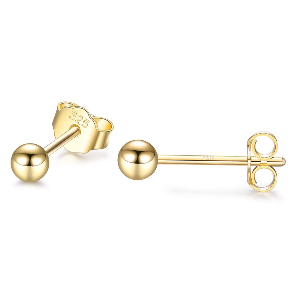 1 Pair Sterling Silver Stud Earrings Hypoallergenic 3mm 18k Gold Plated Small Round Ball Earring for Women Men(Gold)