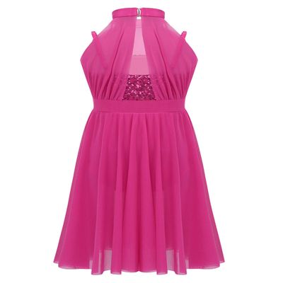 Agoky Kids Girl's Lyrical Dance Dress Mock Neck Sequined Tulle Skirt Modern Latin Ballroom Dancing Costumes Rose_Red 7-8