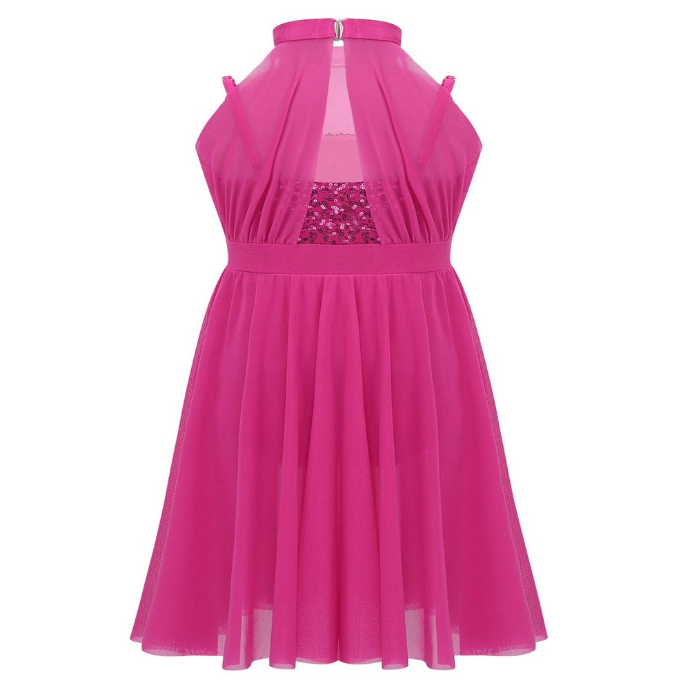 Agoky Kids Girl's Lyrical Dance Dress Mock Neck Sequined Tulle Skirt Modern Latin Ballroom Dancing Costumes Rose_Red 7-8
