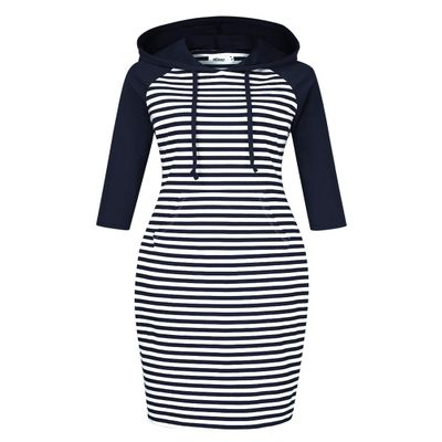 MISSKY Women 3/4 Sleeve Stripe Pocket Slim Casual Pullover Hoodie Dress (3XL,Navy&White16#)