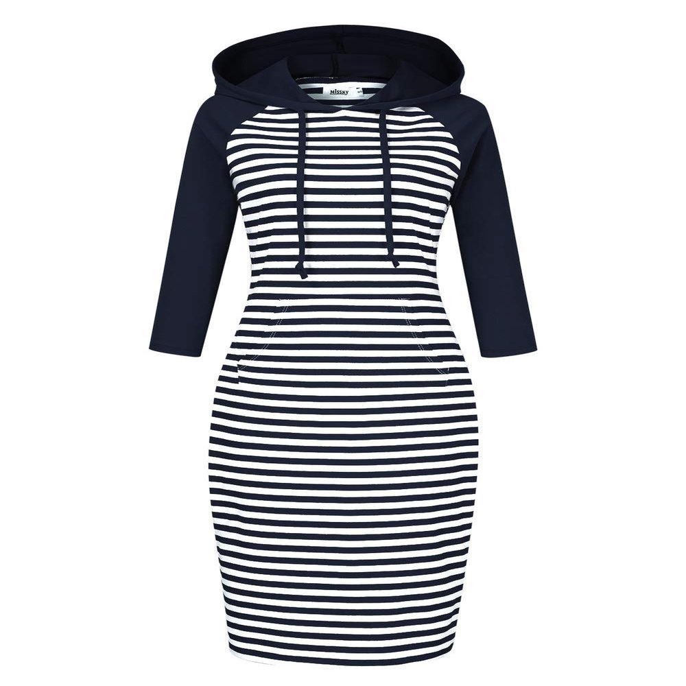 MISSKY Women 3/4 Sleeve Stripe Pocket Slim Casual Pullover Hoodie Dress (3XL,Navy&White16#)