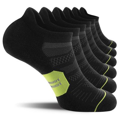 CelerSport 6 Pack Men's Running Ankle Socks with Cushion, Low Cut Athletic Tab Socks, Black + Green, X-Large