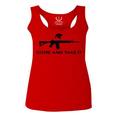 0186. Tactical Military Come and take it Greek Helment American Flag Patriotic Style Women's Tank Top Racerback (Red, Medium)