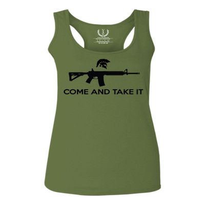 0186. Tactical Military Come and take it Greek Helment American Flag Patriotic Style Women's Tank Top Racerback (Olive, X Small)