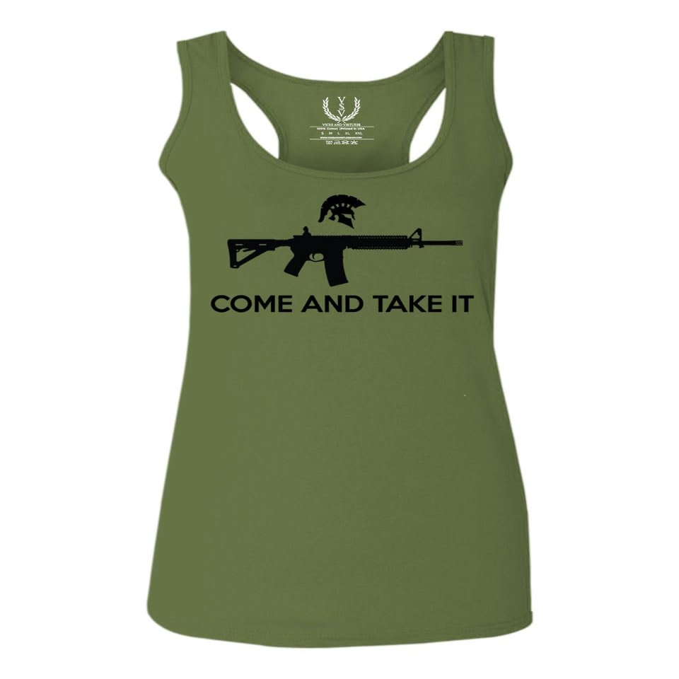 0186. Tactical Military Come and take it Greek Helment American Flag Patriotic Style Women's Tank Top Racerback (Olive, X Small)