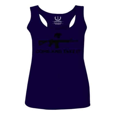 0186. Tactical Military Come and take it Greek Helment American Flag Patriotic Style Women's Tank Top Racerback (Navy Blue, Small)