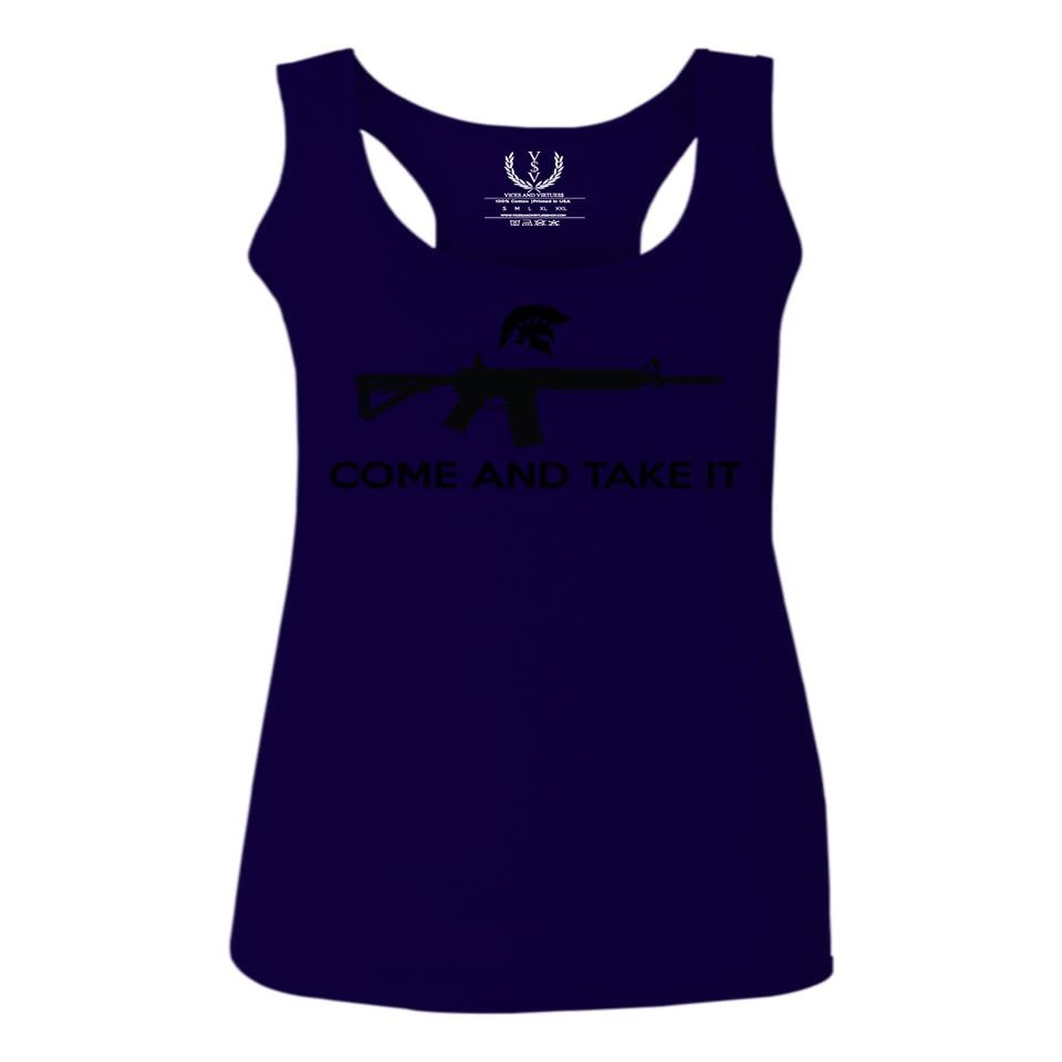 0186. Tactical Military Come and take it Greek Helment American Flag Patriotic Style Women's Tank Top Racerback (Navy Blue, Small)