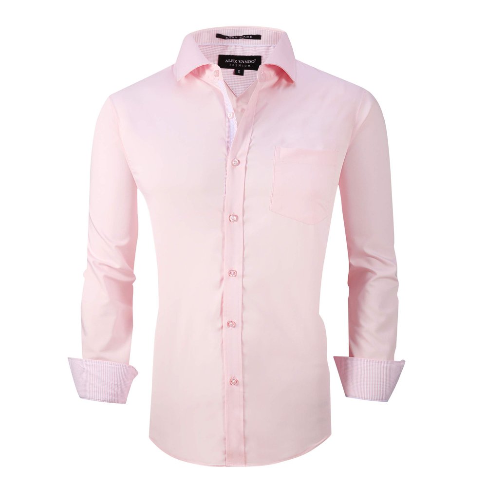 Alex Vando Mens Dress Shirts Wrinkle Free Regular Fit Stretch Rayon Button Down Shirt,Pink,L
