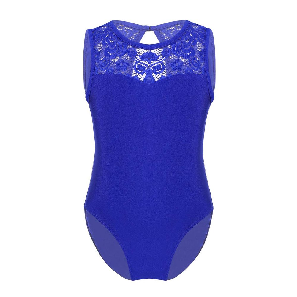 FEESHOW Big Girls' Cap Sleeve Floral Lace Back Gymnastics Leotard Bodysuit Ballet Dance wear Costume Keyhole Royal Blue 5-6