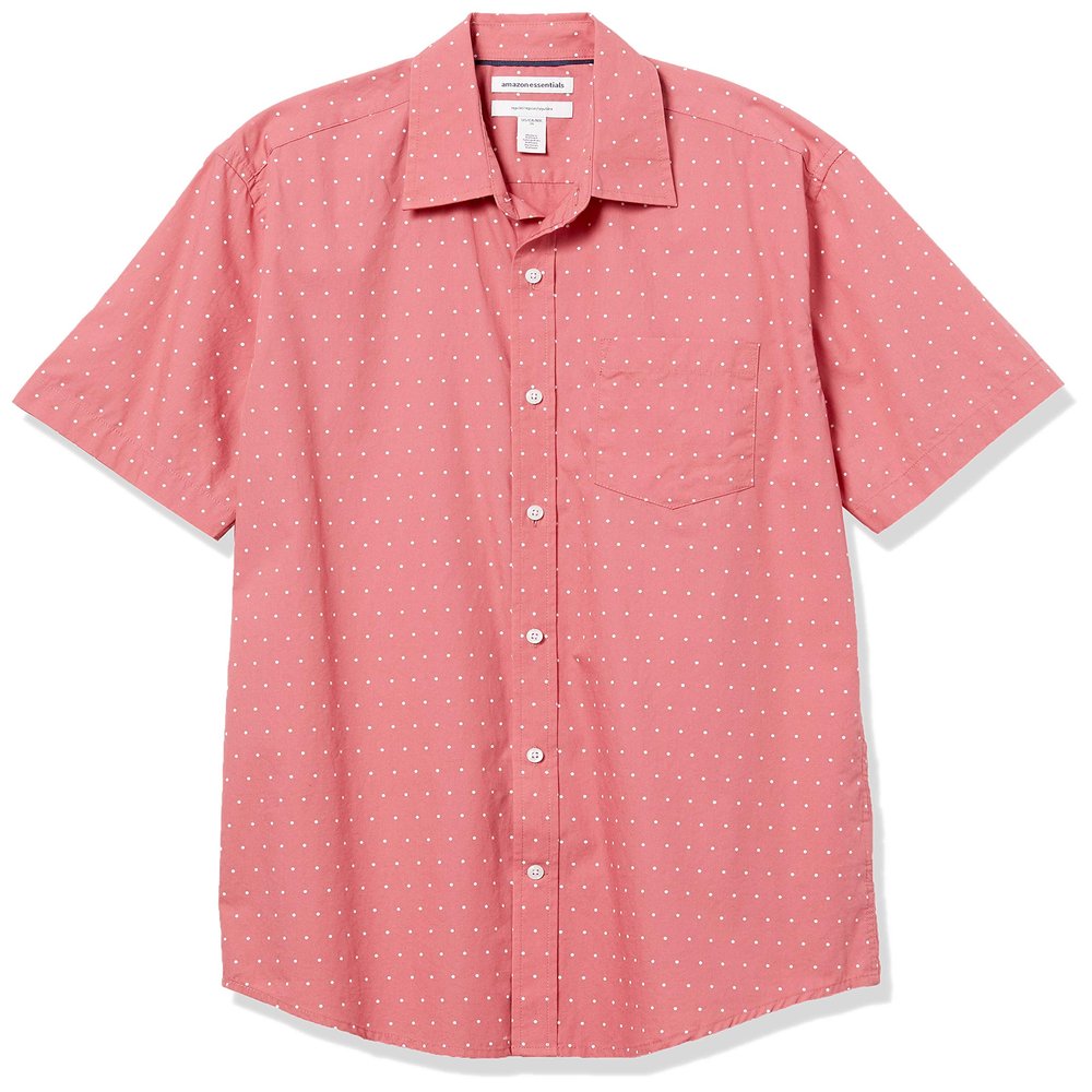 Amazon Essentials Men's Regular-Fit Short-Sleeve Poplin Shirt, Coral Pink White Dots, Medium