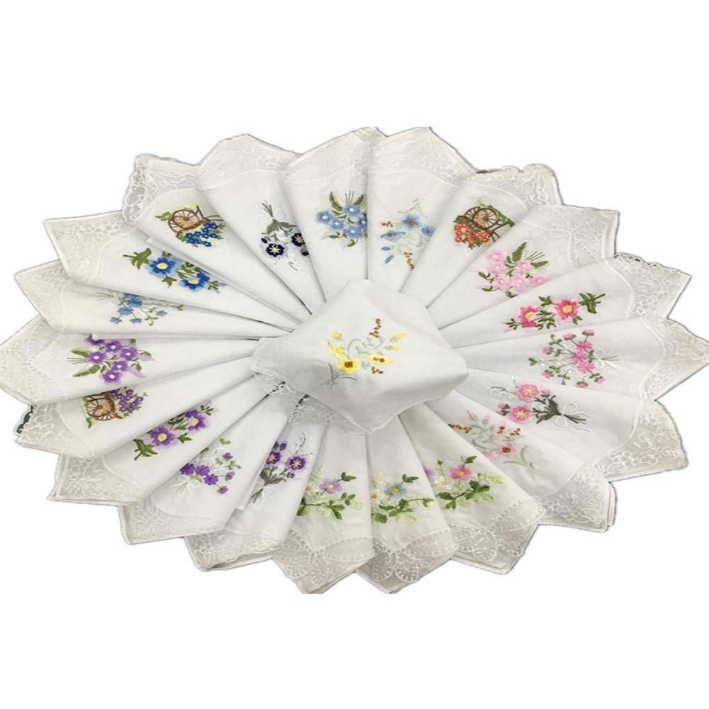 18 Pcs Women's Cotton Embroiderd Butterfly Lace Flower handkerchiefs Vintage Hankies Napkin for Lady