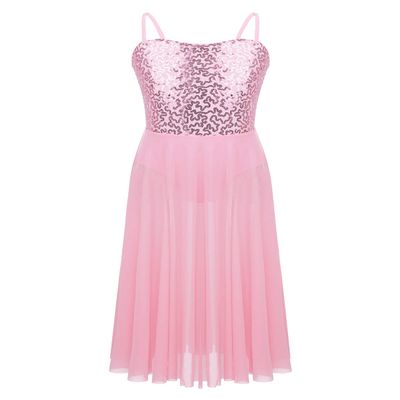 YiZYiF Big Girls' Youth Sequins Spaghetti Strap Modern Lyrical Dance Costume Long Spirit Tulle Overlay Leotard Dresses Split Skirt Pink 6