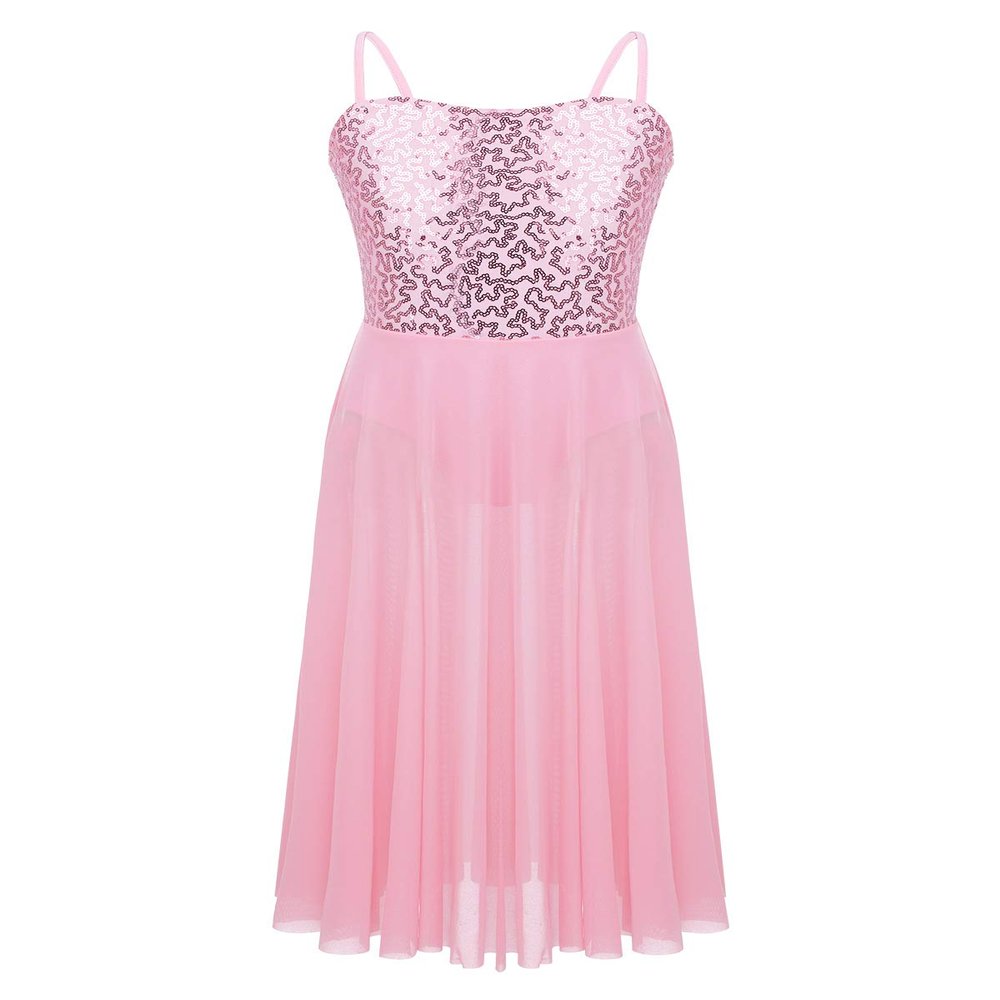 YiZYiF Big Girls' Youth Sequins Spaghetti Strap Modern Lyrical Dance Costume Long Spirit Tulle Overlay Leotard Dresses Split Skirt Pink 8