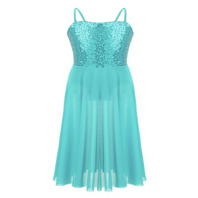 YiZYiF Big Girls' Youth Sequins Spaghetti Strap Modern Lyrical Dance Costume Long Spirit Tulle Overlay Leotard Dresses Split Skirt Mint 6