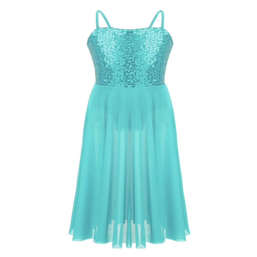 YiZYiF Big Girls' Youth Sequins Spaghetti Strap Modern Lyrical Dance Costume Long Spirit Tulle Overlay Leotard Dresses Split Skirt Mint 6