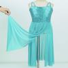 YiZYiF Big Girls' Youth Sequins Spaghetti Strap Modern Lyrical Dance Costume Long Spirit Tulle Overlay Leotard Dresses Split Skirt Mint 6 view 3