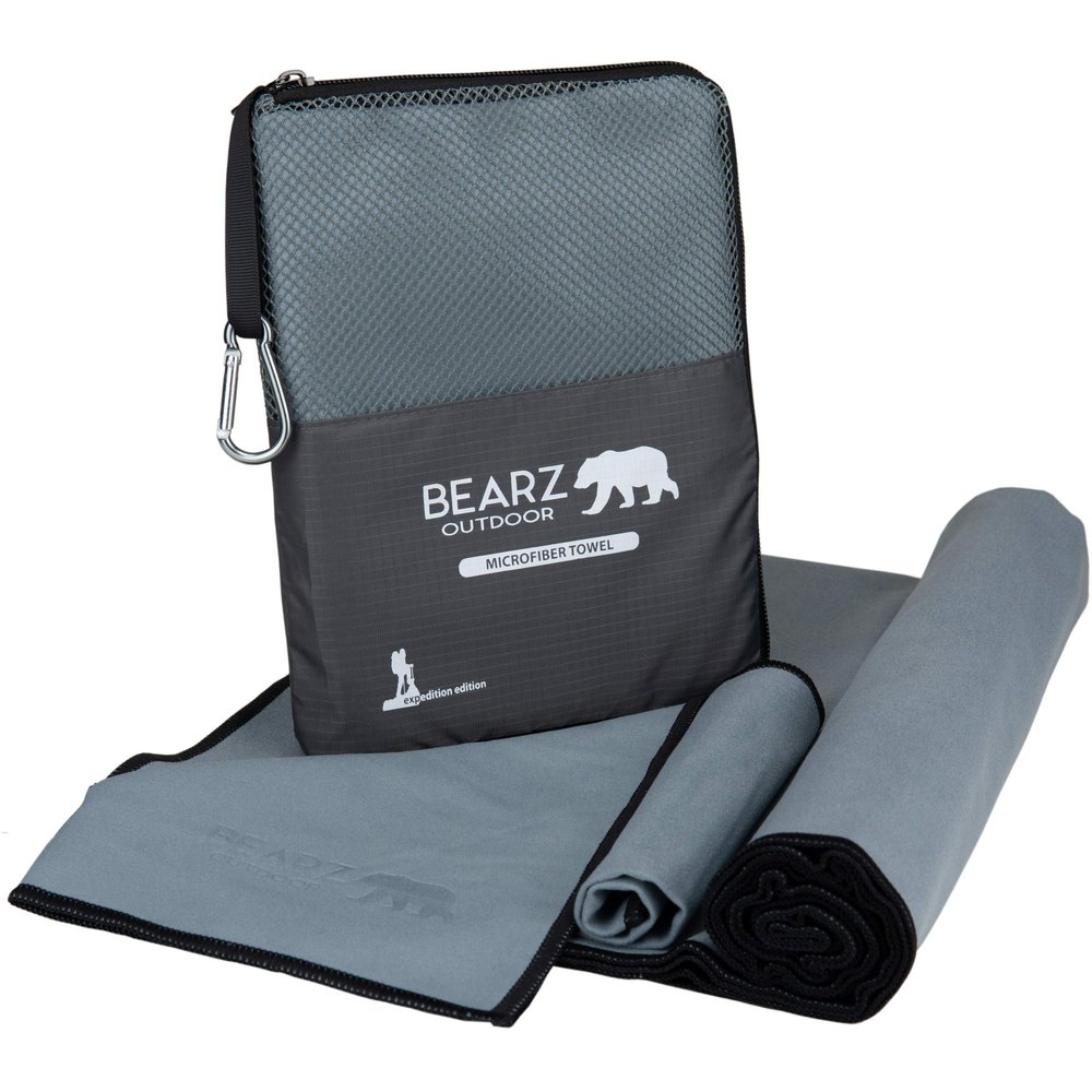 BEARZ Quick Dry Travel Towel - Microfiber Backpacking Towel, Ideal for Hiking, Gym, Camp (Includes Bonus Face Cloth) Space Gray