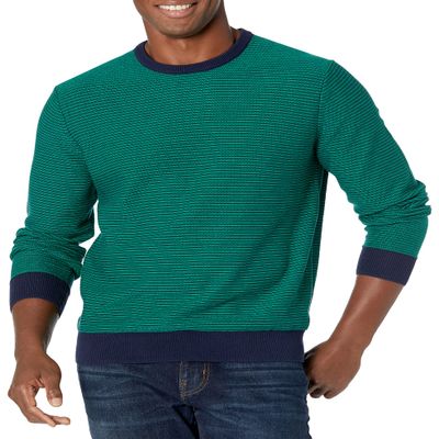 Amazon Essentials Men's Long-Sleeve Crewneck Sweater, 100% Cotton, Big & Tall Options Available, Emerald Green Stripe, Medium