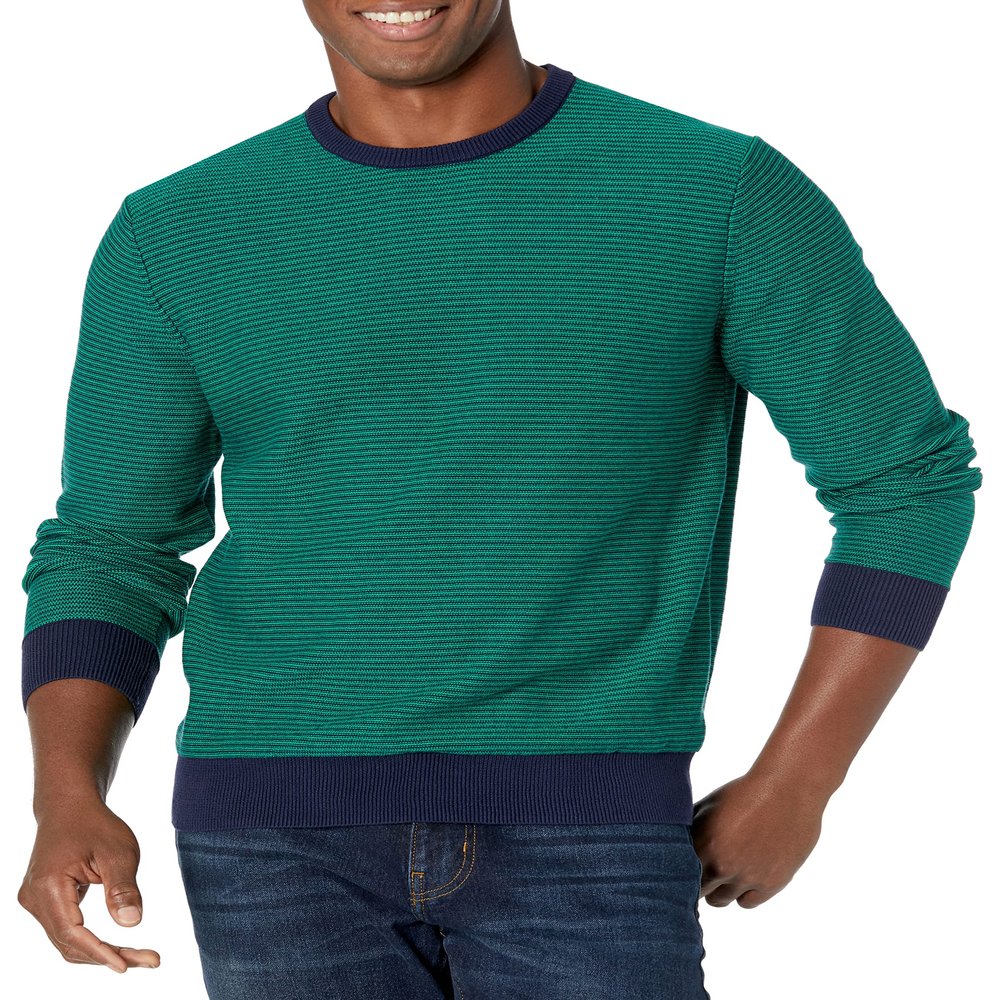 Amazon Essentials Men's Long-Sleeve Crewneck Sweater, 100% Cotton, Big & Tall Options Available, Emerald Green Stripe, XX-Large